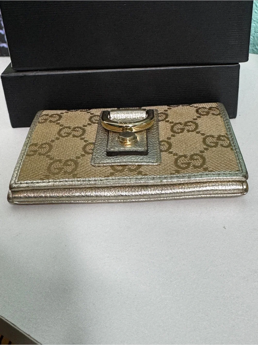 Gucci Beige Monogram Canvas Card Case with Metallic Trim